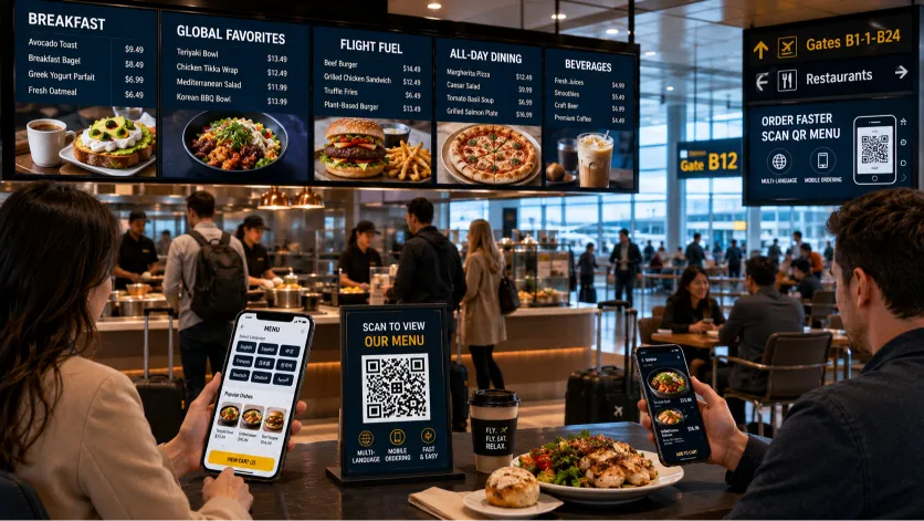 airport restaurant digital menu showing terminal digital signage and multi-language QR ordering