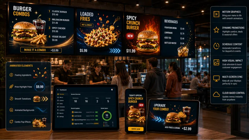 Vibrant digital menu display showing subtle motion graphics on food photography