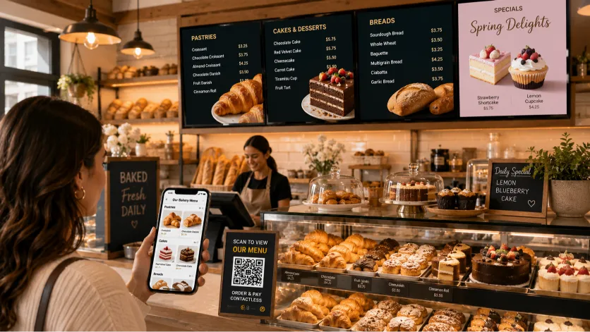 bakery digital menu board hanging above fresh breads and pastries