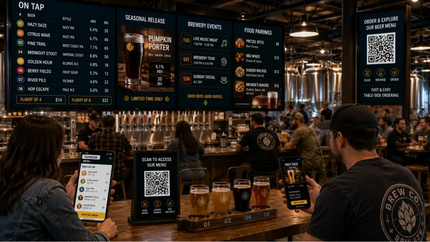brewery digital menu displaying a craft beer board and taproom QR ordering system
