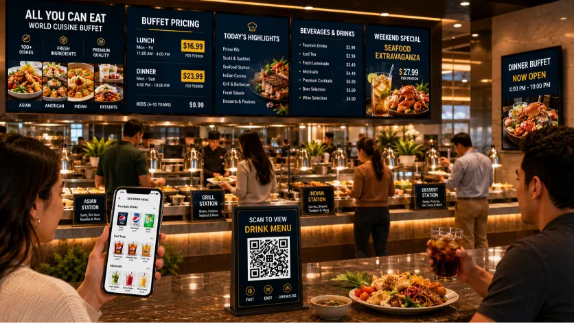 buffet digital menu screen showing lunch and dinner transition pricing with all you can eat signage