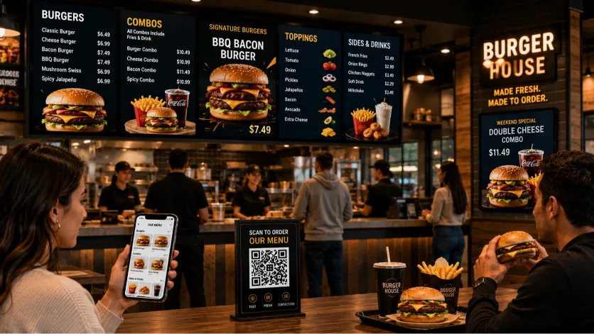 burger restaurant digital menu displaying smashburgers and fries combos on tv screens