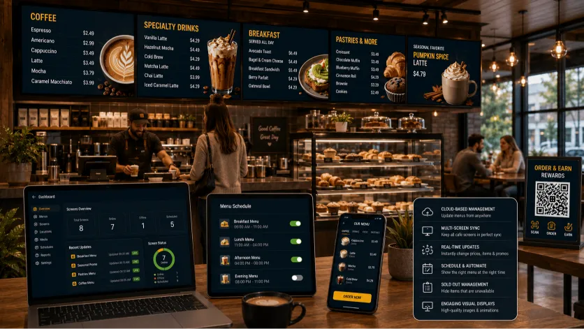 Clean coffee shop tv menu displaying espresso drinks, pour-overs, and daily baked goods