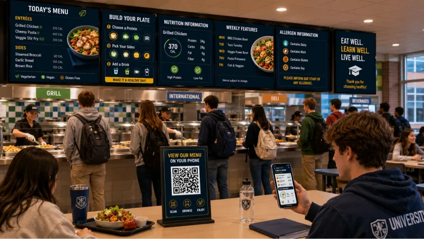 cafeteria digital menu displaying school lunch digital signage with nutritional menu boards