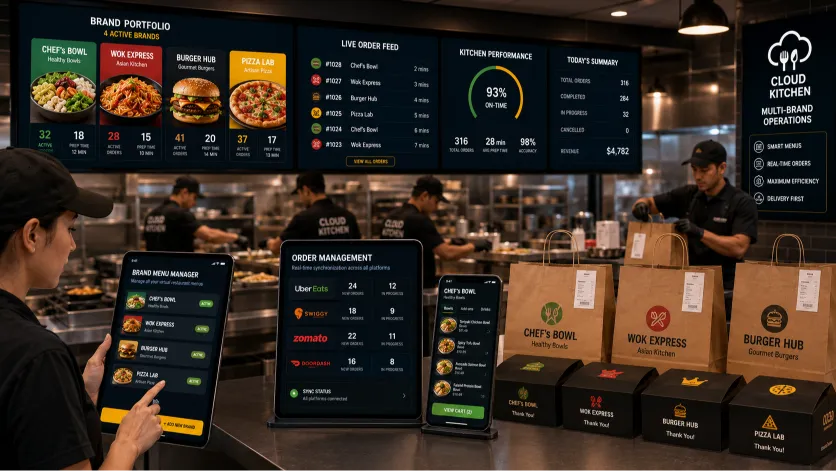 cloud kitchen digital menu and multi-brand dark kitchen menu management dashboard