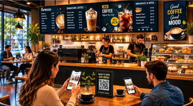 coffee shop digital menu on a TV screen behind a barista counter