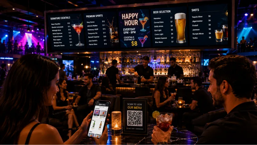 digital bar menu on a smartphone in a dimly lit nightclub