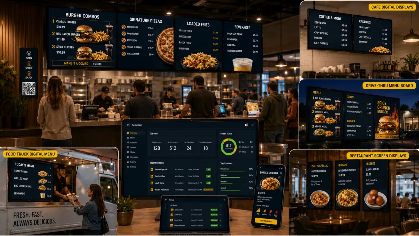 A modern digital menu board showing a vibrant restaurant menu on multiple screens.