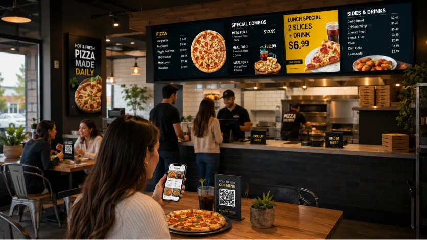 digital menu for pizza restaurant showing slice combos and digital signage