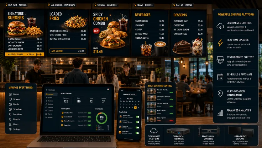Multi-screen digital signage managing promotions across a restaurant group