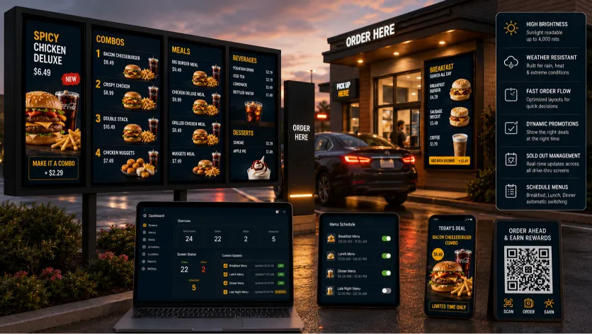 Ultra-bright weather-proof drive-thru digital menu board highlighting combo meal offers outdoors