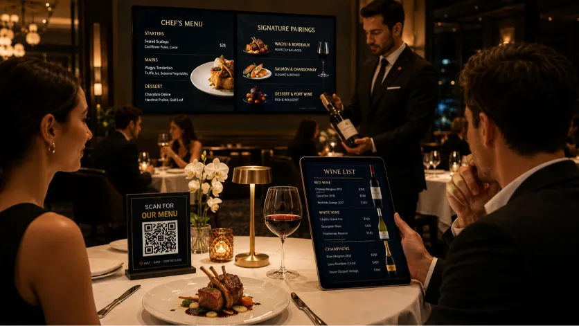 fine dining digital menu displayed elegantly alongside wine and gourmet food