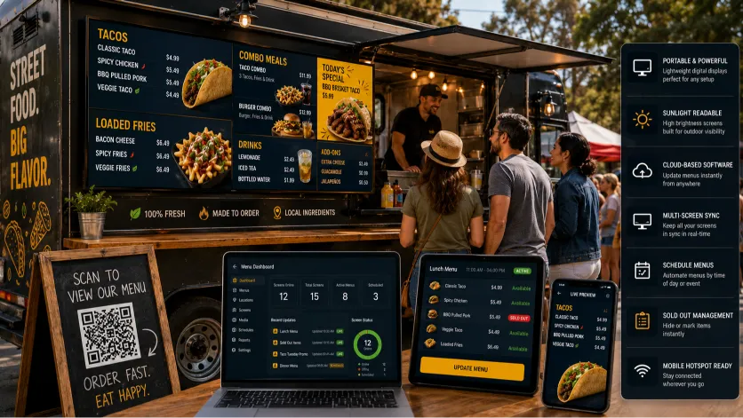Vibrant digital menu boards mounted on a modern food truck converted from a step van