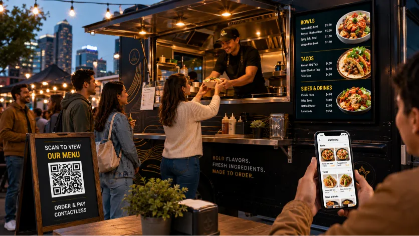 food truck digital menu mounted on the side of a mobile kitchen
