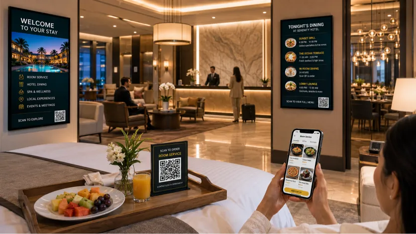 hotel digital menu displayed on a smartphone next to a room service breakfast tray