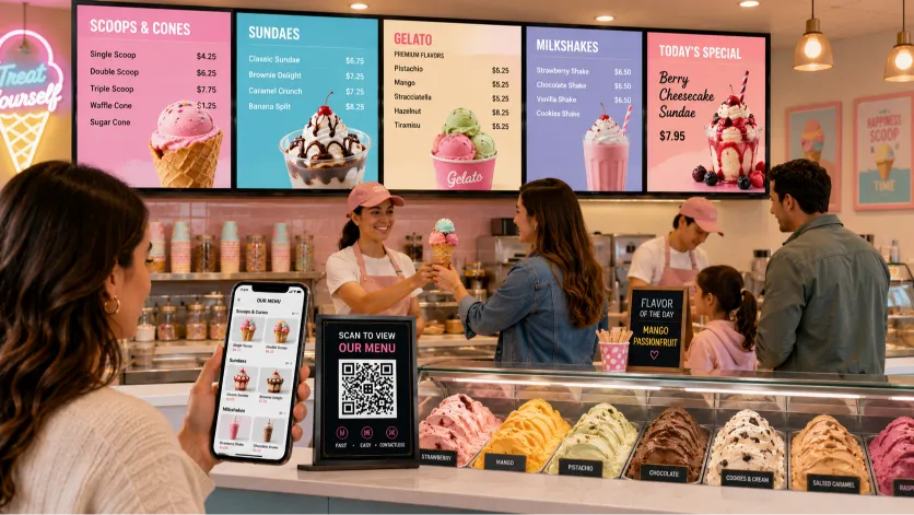 brightly colored ice cream digital menu board in a modern dessert parlor