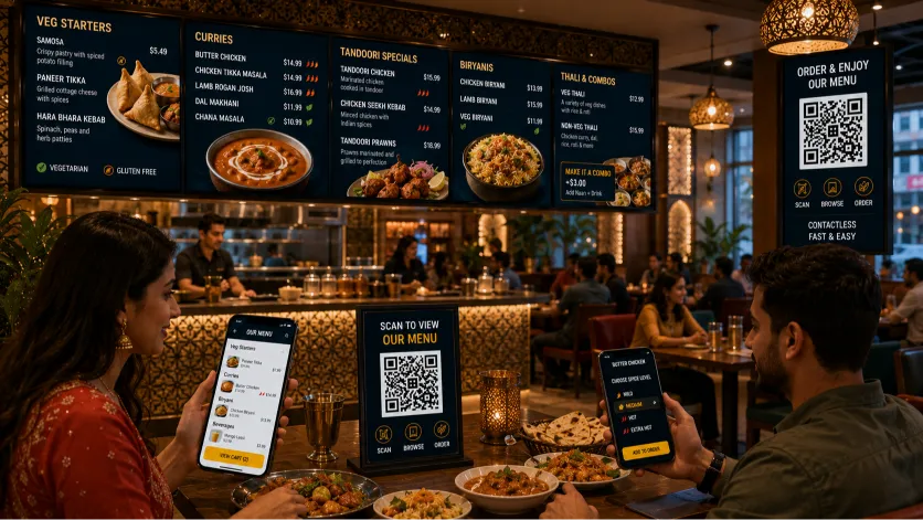 Indian restaurant digital menu showing a curry house QR menu and interactive spice modifiers