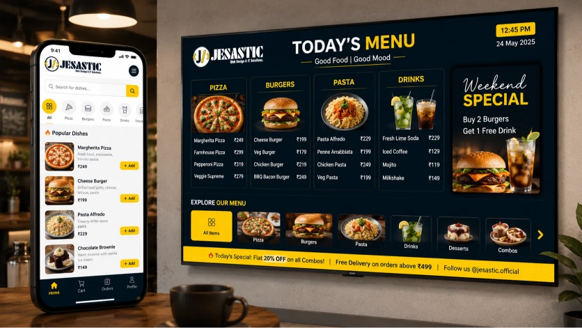 A customer scanning a QR code on a restaurant table using a smartphone.