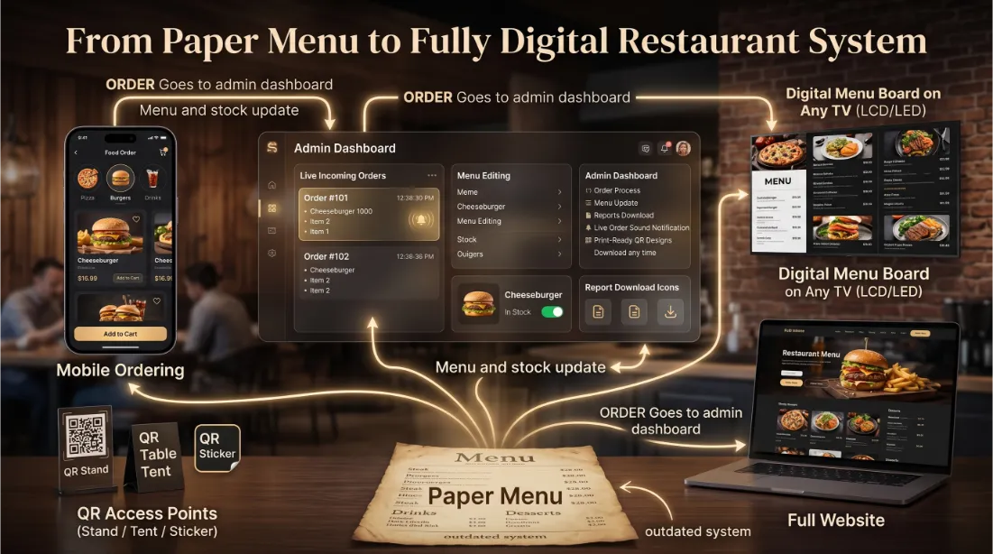 Comparison between a clunky PDF menu and a sleek interactive mobile ordering screen