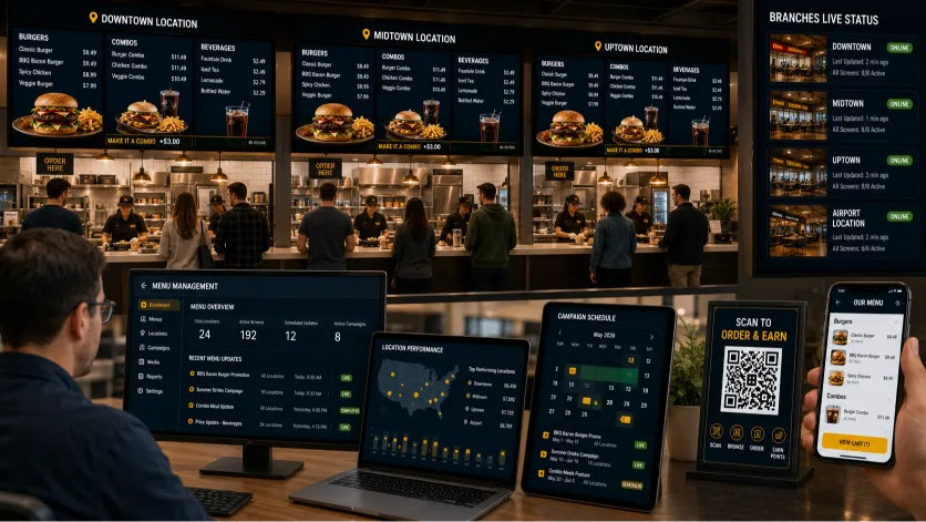 restaurant chain digital menu showing multi-location menu management dashboard for franchises
