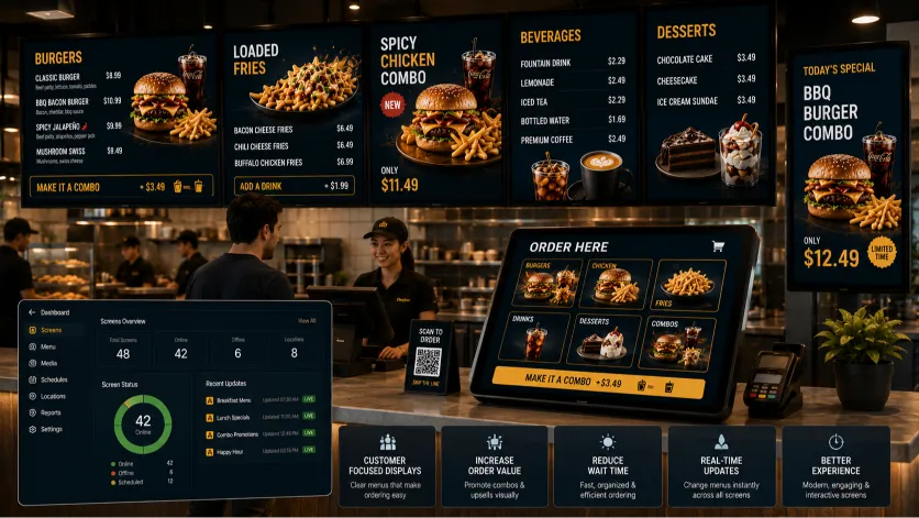 Clean restaurant screen displays showcasing combo specials clearly at the counter