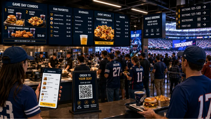 stadium digital menu showing a high-contrast concession stand menu board and mobile arena ordering