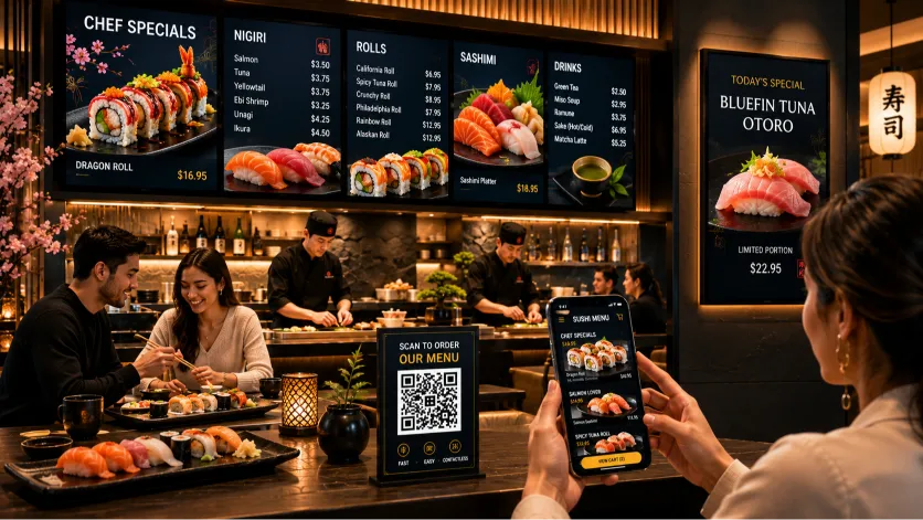 sushi digital menu displayed on a smartphone next to a platter of fresh nigiri and maki rolls